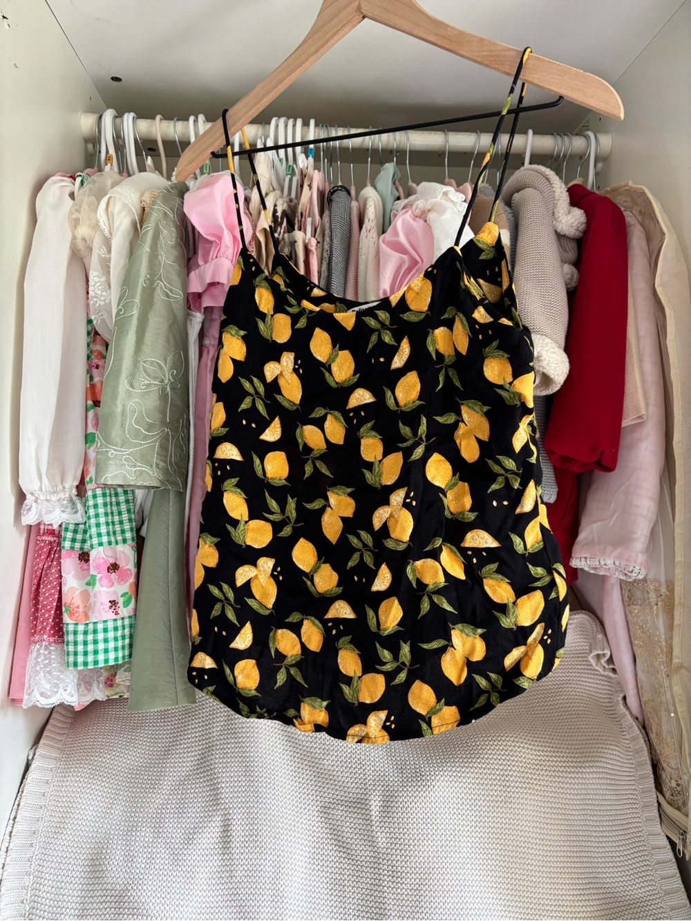 Black Lemon Print Satin Cami Top